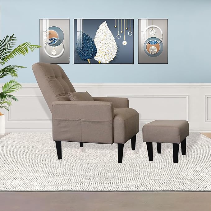 Redde Boo Brown Living Room Sofa Single Chair and Ottoman Modern Multi-Function Fabric Living Room Sofa Lounge Chair Bed and Stool. Soft Leisure Single Chair Adjustable into 5 Angles with Sofa Bed