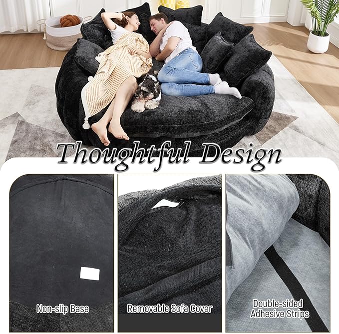81” Oversized Upholstered Round Sofa Bed Circle Chaise Lounge Chair Indoor Modern Chenille Cloud Couch with 14 Pillows Comfy Bean Bag Chair Reading Couch Fluffy Sleeper Sofa for Living Room(Black)