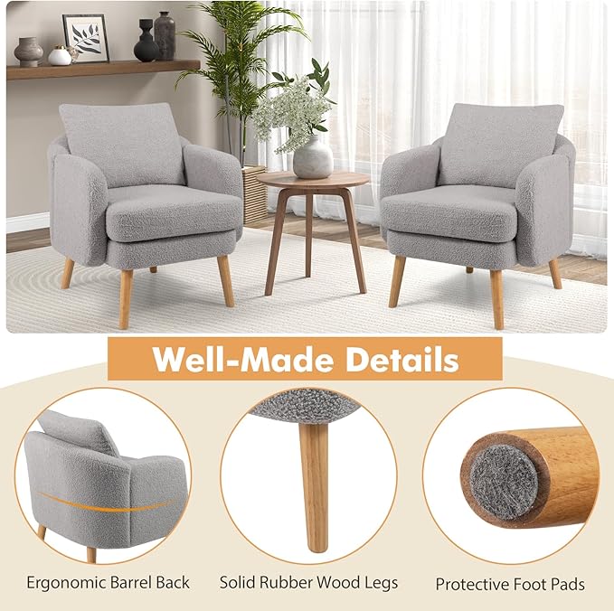 Giantex Sherpa Accent Chair Modern Upholstered Single Sofa Chair with Back Pillow &amp Solid Rubber Wood Legs Teddy Barrel Arm Chair for Reading Living Room Bedroom Office Grey