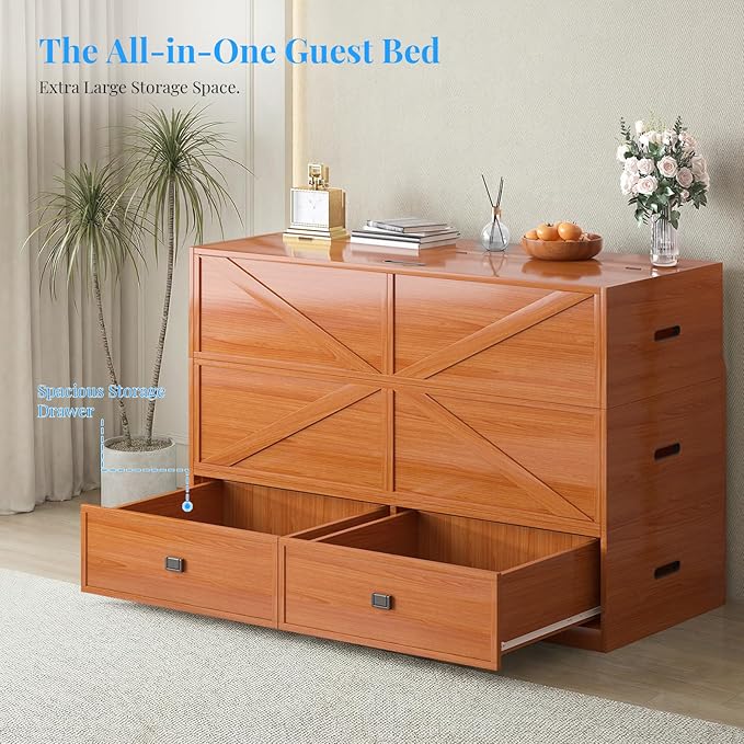 PUREMIND Murphy Bed Full with Mattress Included Wood Cabinet Bed with Dual Storage Drawers &amp 2 Pillows 3-in-1 Convertible Sofa Beds for Small Space Guest Room Home Office Cherry