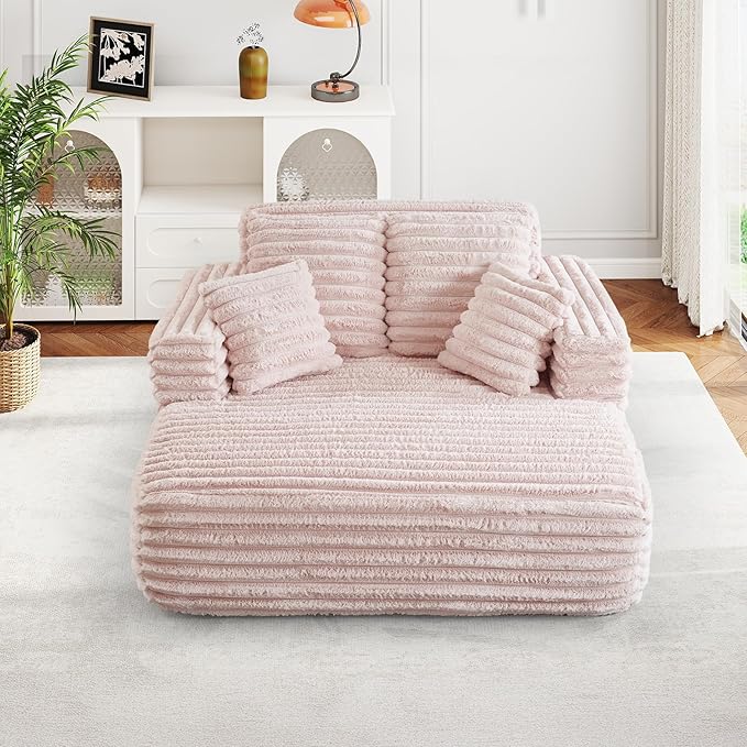 56 Oversized Chaise Lounge Chair IndoorPlush Faux Fur Sleeper Sofa Couch Bed with Pillows&ampWide ArmrestsFluffy Comfy Cloud CouchCompression Foam Couch for Living RoomBedroom(Pink)