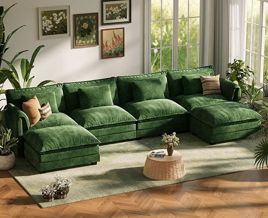 ABCASA 150 Oversized Modular Sectional Sofa with Throw Pillows &amp Movable Ottoman Comfy Cloud Couch 6-Seat Deep Seat Sofa U Shaped Modern Sofa for Living Room Apartment - Chenille Green