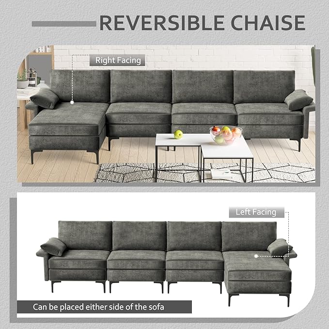Giantex 130.5 L Convertible Sofa Couch Sectional Sleeper with 2 USB Ports Socket Comfy Cushion 2 Storage Box L-Shaped Modular Modern Sofa Reversible Chaise Lounge Living Room Furniture Grey