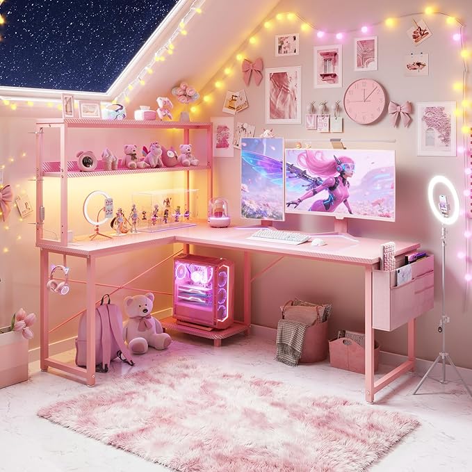 AODK L Shaped Desk Gaming Desk with LED Light &amp Power Outlet 53 Inch Reversible L Shaped Computer Table with Shelf &amp Storage Bag &amp Hook for Home Office Pink