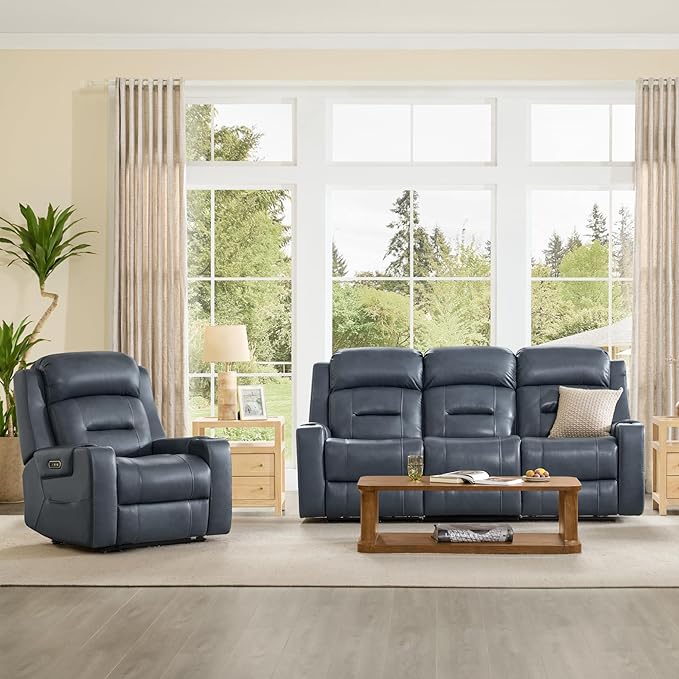 Watson &amp Whitely Genuine Leather Power Recliner Chairs for Adults Lay Flat Recliner with Power Headrest USB Ports and Cup Holders Electric Reclining Sofa for Living Room Bedroom Navy