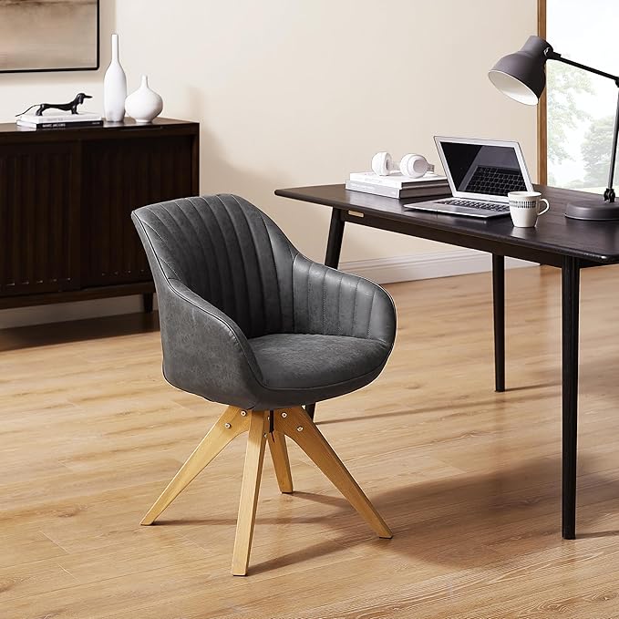 Art Leon Dining Chair Mid Century Modern Faux Leather Upholstered Swivel Dining Room Chair with Oak Wood Legs Leisure Side Chair with Arms for Living Room Black