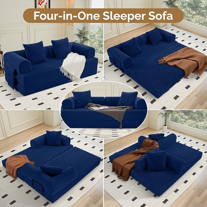 Convertible Corduroy Sleeper Sofa Bed with Cylindrical Pillow Folding Mattress Couch with Fixed-Shape Frame Floor Sofa Lounge Couch for Living Room Bedroom Lounge Studio Blue
