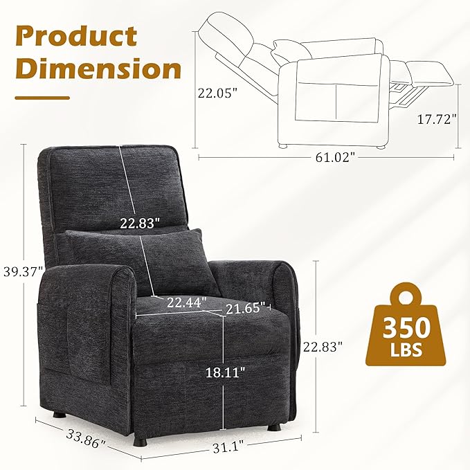 Power Recliner Chair Small Recliners for Small Spaces Electric Recliner Chairs for Adults with Memory Function Reclining Chair with Remote Pillow and Side Pockets Living Room Chenille