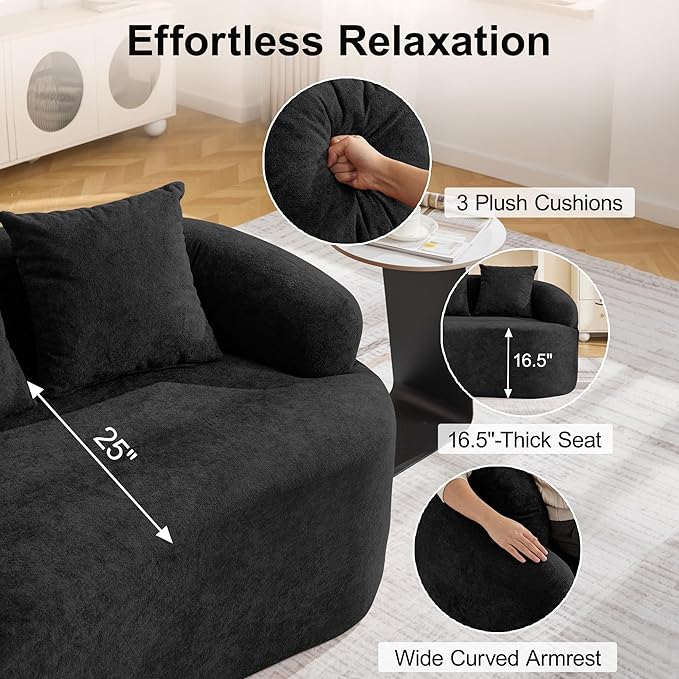 110.2 Curved Boneless Couch Oversized Cloud Sofa with 4 Pillows Modern 4 Seater Modular Sectional Sofa Boneless Sectional Couches for Living Room Curved Foam Couch Black