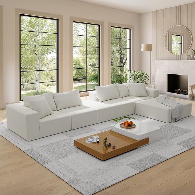 151'' Modular Sectional Sofa Couches Chenille Sleeper Deep Seat Sofa Bed Oversized Cloud Couch with 6 Pillows Free Combination Compression Sofa for Living Room (Beige 151)