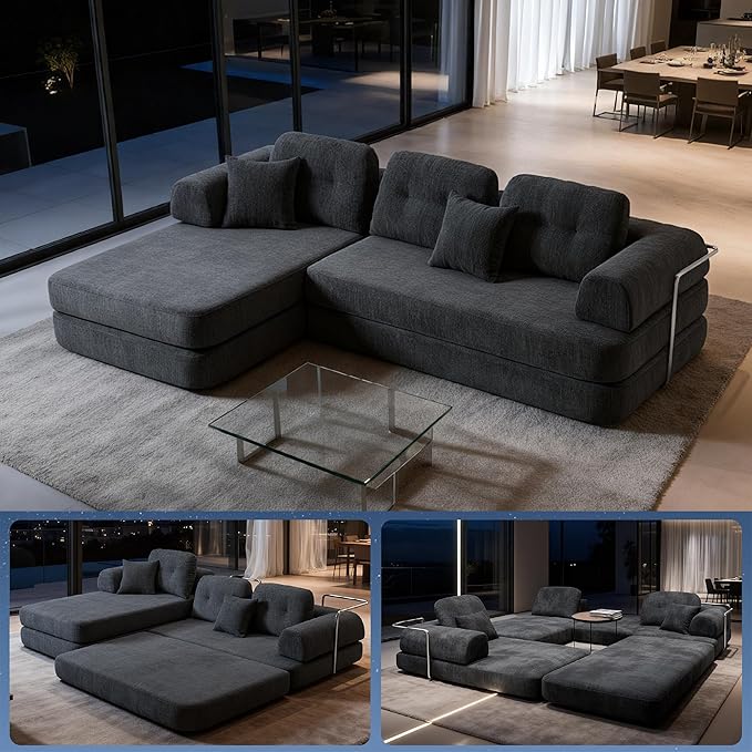 104 Modular Sectional Sofa 8-in-1 Convertible Sleeper Couch with Pet-Friendly Chenille Fabric High-Density Foam Floor Seating for Living Room Apartment (Dark Gray)