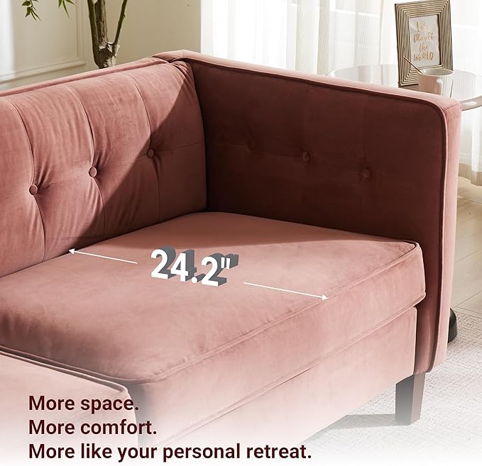 Dreamsir 78'' W Velvet Sofa Mid-Century Modern Love Seats Sofa Furniture with Bolster Pillows Button Tufted Couch for Living Room Pink