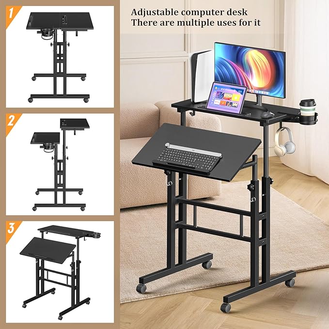 Small Standing Desk with Wheels Mobile Stand Up Desk Portable Standing Table on Wheels for Walking Pad Rolling Computer Desk Adjustable Height Tall Table