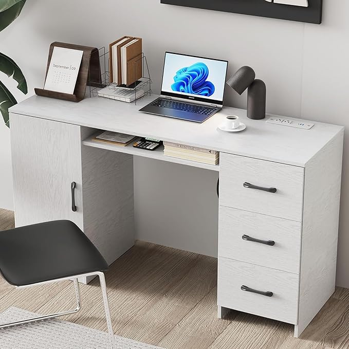53 Inch Large Computer Desk Office Desk with Power Outlets &amp USB Charging Port Study Writing Table with Three Storage Drawers and one wooden Door Laptop PC Desk for Bedroom Study Room Office