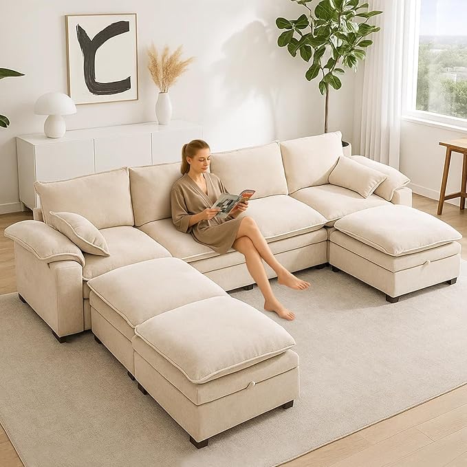 Large U-Shaped Sectional Couch Set - 6/7/8 Seater Oversized Cloud Sofa for Living Room Big Comfy Chenille Fabric Couches Extra Long Modular Sofa Bed Furniture (Beige 7-Seater Sofa)