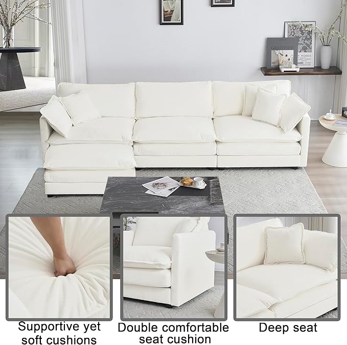Cloud Sectional Couch 111.5 L Shaped Deep Seat Chenille Sectional Sofa for Living RoomComfortable Double Layer Sofa CushionWhite