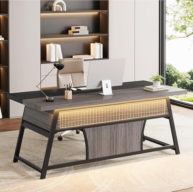 63-inch Executive Desk with Storage Shelf Large Home Office Desk with Metal Frame &amp LED Light Long Computer Desks for Home Office Gray and Black