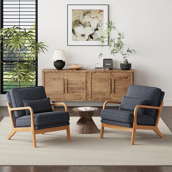 Accent Chair with Solid Wood Frame Mid-Century Relaxing Armchair Lumbar Pillow&amp Soft Cushion Reading Leisure Chair for Living Room Bedroom Waiting Room-Blue