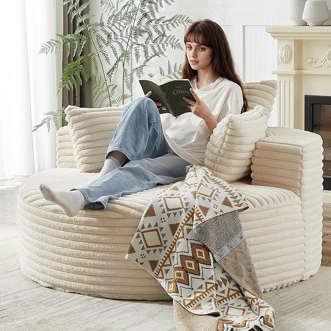 Oversized Round Chaise Lounge Chair Indoor 55'' Corduroy Deep Seat Circle Single Floor Sofa Chairs Modern Upholstered Sponge Armchair Cloud Sleeper Chair for Living Room Bedroom Apartment Beige