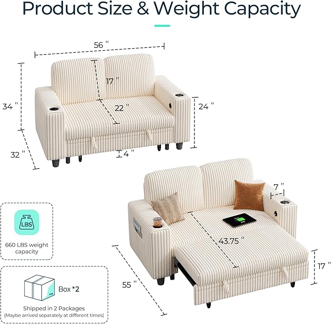 LINSY HOME Pull Out Loveseat Sofa Sectional Sleeper Sofa Plush Corduroy Love Seat Couch Pullout Modular Sectional Couches for Living Room Apartment Bedroom (Beige)