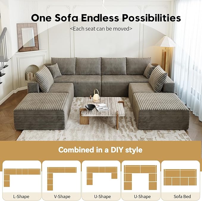 139.4 Modular Sectional Sofa Couch Oversized U-Shaped Minimalist Couches with 2 Ottomans Chaise and 2 Middle Seats Modern Deep Seat Cloud Plush Corduroy Sofas Set for Living Room 8 Seater Camel
