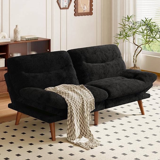 Amada 66 Convertible Futon Sofa Bed Corduroy Folding Futon Set with Adjustable Backrest &ampArmrests Recliner Lounge for Living Room Apartment or Office Solid Wood Frame Loveseat Sofa - Black