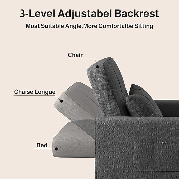 Ahomly Convertible Sofa Bed 3-in-1 Multi-Functional Sleeper Chair Bed Adjustable Backrest Recliner with Modern Linen Fabric for Living Room Bedroom Apartment Small Space Dark Grey