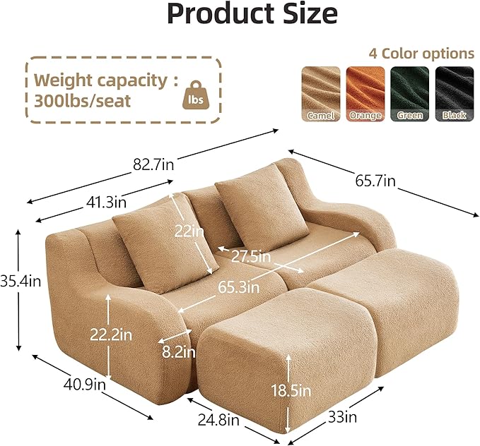 82.7 Inches Sectional Boneless Cloud Couch Super Soft Comfortable Curved Armrest Deep Seat Sofa with Pillow and Ottoman Sectional Small Couches for Small Spaces No Assembly Required