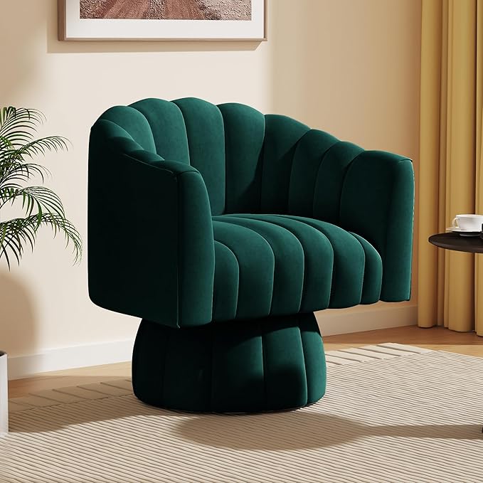 Mid Century 360 Degree Swivel Cuddle Barrel Accent Sofa Chairs Round Armchairs with Wide Upholstered Fluffy Velvet Fabric Chair for Living Room Bedroom Office Waiting Rooms (Green)