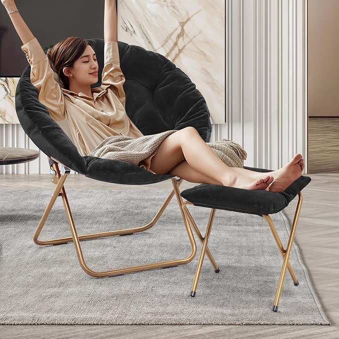 MoNiBloom Round Folding Faux Fur Saucer Chair for Bedroom Living Room Dorm Foldable Metal Frame Oversized Large Comfy Furry Padded Soft Cozy Moon Chair with Footrest Ottoman for Adults (Black)