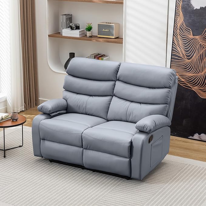 Loveseat Recliner Chair Leather Double Reclining Chairs for Adults Wall Hugger Recliners for Small Spaces Love Seat Couches Sofa Reclinable for Living Room RV Home Theater Seating Grey