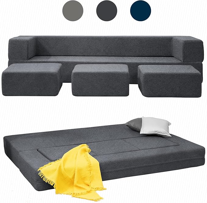Mjkone Queen Convertible Velvet Futon Sofa Bed with 3 Ottomans Memory Foam Fold Out Couch Bed Foldable Floor Sofa Guest Sleeper for Living RoomDark Grey