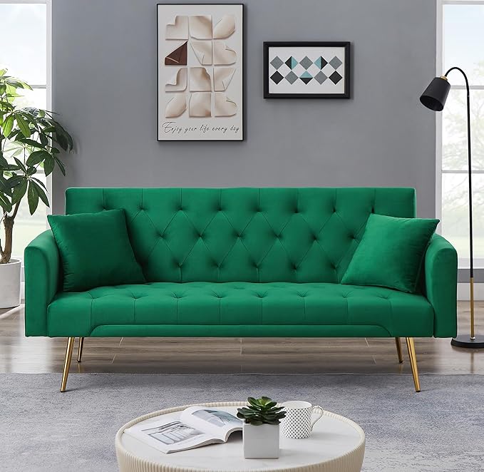 72Modern Velvet Sofa Bed FutonConvertible Folding Sleeper Bed Couches with 3 Adjustable BackrestsTufted Recliner Love Seat with Golden Chrome Legs for Living Room Apartment Office (Green+pillows)
