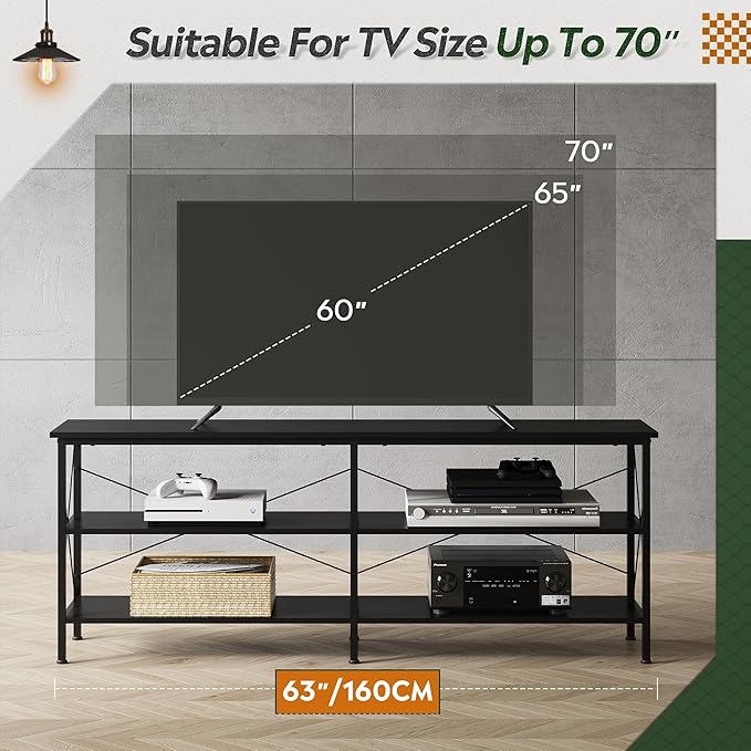 WLIVE TV Stand up to 70 Inch TV 63 Entertainment Center TV Media Console with 3-Tier Storage Shelves for Living Room and Bedroom Black