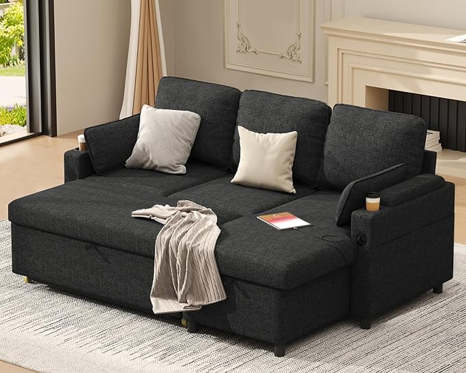 DURASPACE Sleeper Couch Pull Out Sofa Bed 2 in 1 Convertible Sofa Sleeper with Storage L Shaped Sectional Couch Bed for Small Spaces Living Room Bedroom Apartment (Dark Gray)