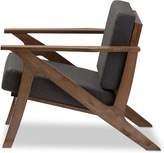 Baxton Studio Genie Mid-Century Modern Wood Grey Fabric Living Room 1-Seater Lounge Chair Walnut
