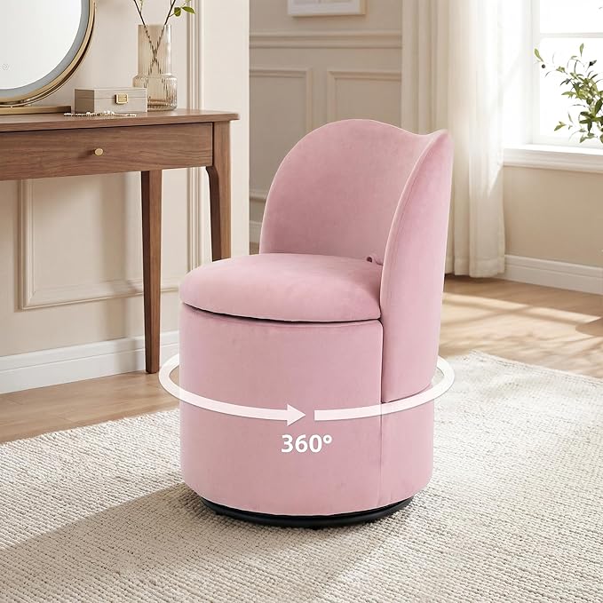 Velvet Vanity Chair with Storage 360° Swivel Makeup Chair with Back Modern Swivel Accent Stool Barrel Chair Upholstered Ottoman Vanity Stool with Back for Bedroom Dressing Living Room Pink