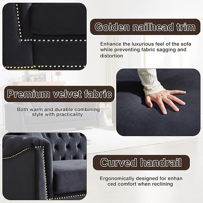 KEIKI 6 Seat Chesterfield Sofa Upholstered 3+3 Seat Couch with Rolled Arm Modern Combination Sofa for Living Room Bedroom Office Black