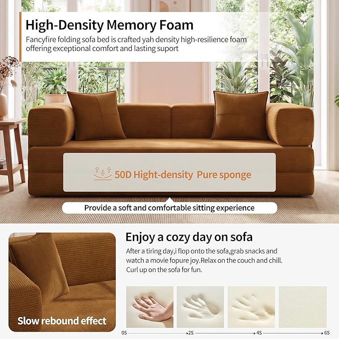 78.8 Convertible Sofa Bed with Armrest Pillow 4-in-1 Sleeper Couch Bed for Livingroom Modular Corduroy Boneless couches No Assembly (Yellow)