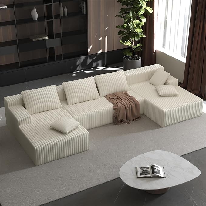 LAUSAINT HOME 132 Modular Sectional Sofa Couches U-Shaped Boneless Cloud Sofa with 4 Deep Seat 6 Cushiones Oversized Chaise for Living Room Bedroom Plush Corduroy Fabric (U Shaped Sofa Beige)