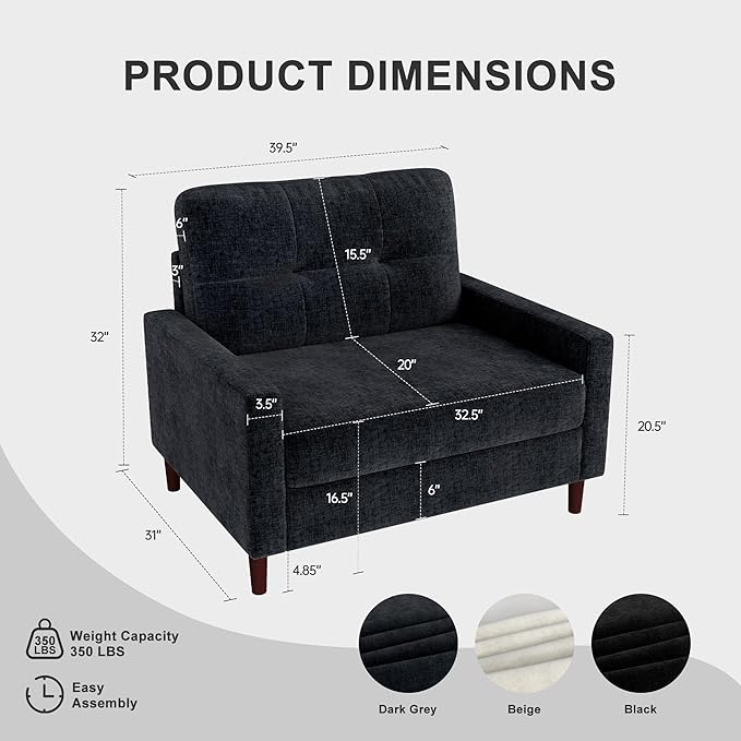 Accent Chair for Living Room Oversized 39.5 Chenille Fabric Armchair Mid Century Modern Single Sofa Chair Comfy Reading Chair for Bedroom Apartment Waiting Room (Dark Grey 1 Pack)