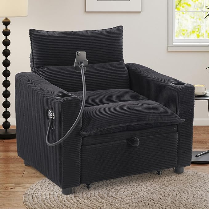Corduroy Sleeper Sofa Bed with 2 Cup Holders 3-in-1 Convertible Pullout Futon Couch with Phone Holder&ampUSB Charge Port Single Chair with 3-Level Adjustable Backrest for Living Room
