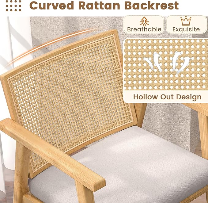 Giantex Modern Rattan Accent Chair Set of 4 Mid Century Accent Chairs w/Curved Backrest Detachable Padded Seat Cushion Solid Rubber Wood Frame Comfy Armchairs for Living Room Bedroom Natural