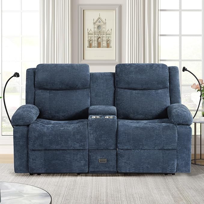Loveseat Recliner Sofa Reclining Loveseat with Console RV Wall Hugger Double Loveseat Recliner Couch for Living Room &amp Home Theater (Blue)