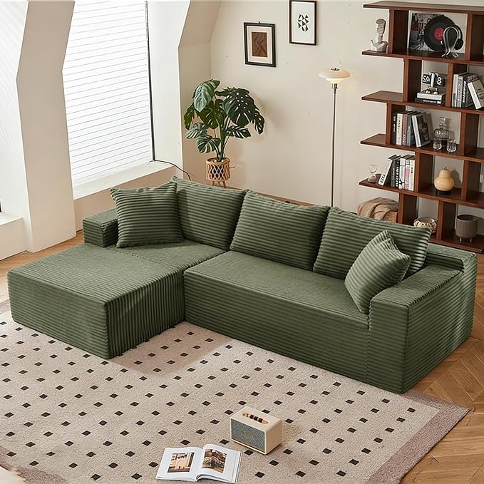 103'' Boneless Cloud Couches for Living Room Corduroy L Shaped Modular Sectional Sofa Couch W/Deep Seat &amp High-Back Comfy Memory Foam Couch Sofa in A Box (Saga Green Left Facing Chaise)