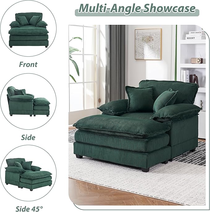 TTK Oversized Chaise Lounge Chair with Ottoman - 39.17 Wide Modern Sleeper Sofa for Living Room Bedroom &amp Office - Deep Seat Sectional Couch with Pillow Comfortable Reading ChairGreen