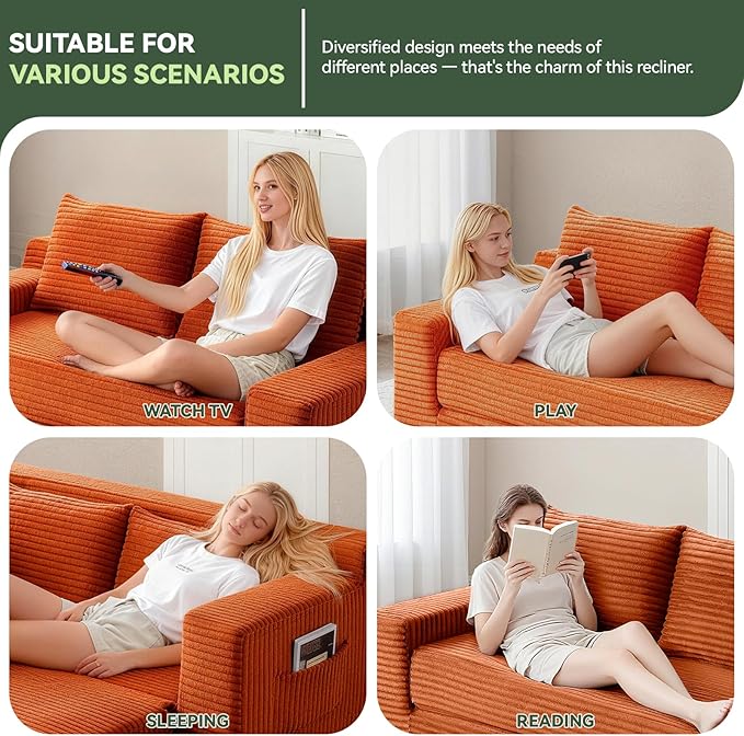 73 Convertible Sofa Bed Pull Out Boneless Loveseat Sleeper Sofa Corduroy Foldable Couch Bed with Storage Bag No Assembly Couch in a Box for Living Room Apartment (Orange)