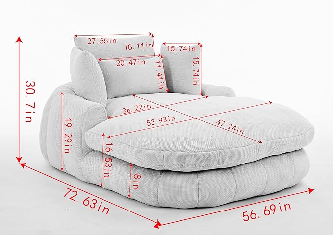 Oversized Chaise Lounge Indoor Deep Seat Boneless Sofa Bed with Throw Pillows Plush Chenille Fabric No Assembly Required Comfy Sleeper Sofa for Living Room Bedroom (PINK Without pocket)