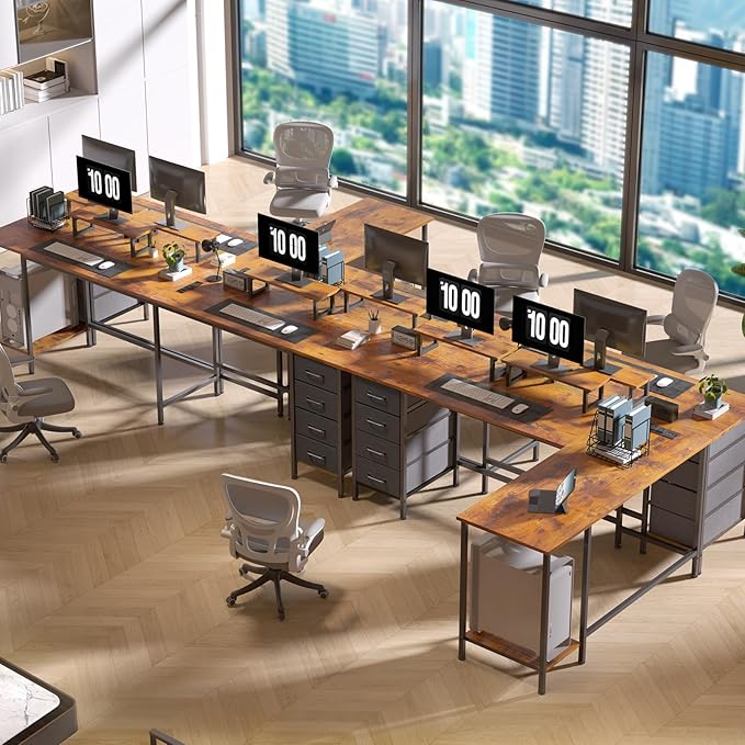 66 L Shaped Computer Desk with Power Outlets Home Office Desk with 4 Adjustable Storage Drawers &amp 2 Monitor Stands Large Two Person Gaming Table for Writing Study Rustic Brown