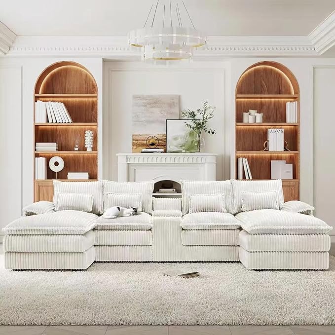 125 Modular Sectional Sofa Corduroy U-Shaped Cloud Couch with Storage &amp USB 6 Seat Sectional Couches Oversized Comfy Fluffy Deep Seat Sectionals Sofa Set for Living Room Beige 5-Piece